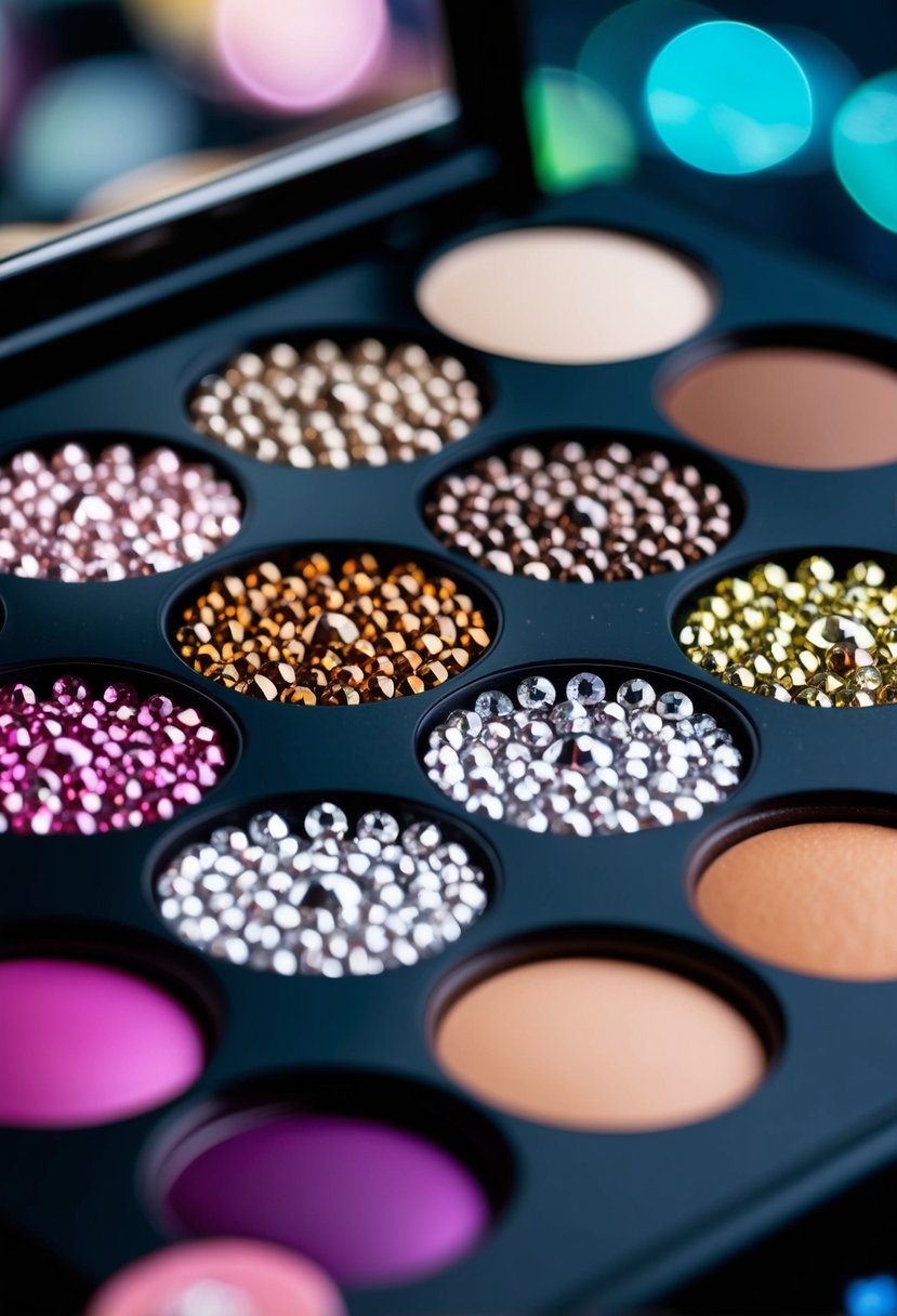 A close-up of a makeup palette with rhinestones scattered on top