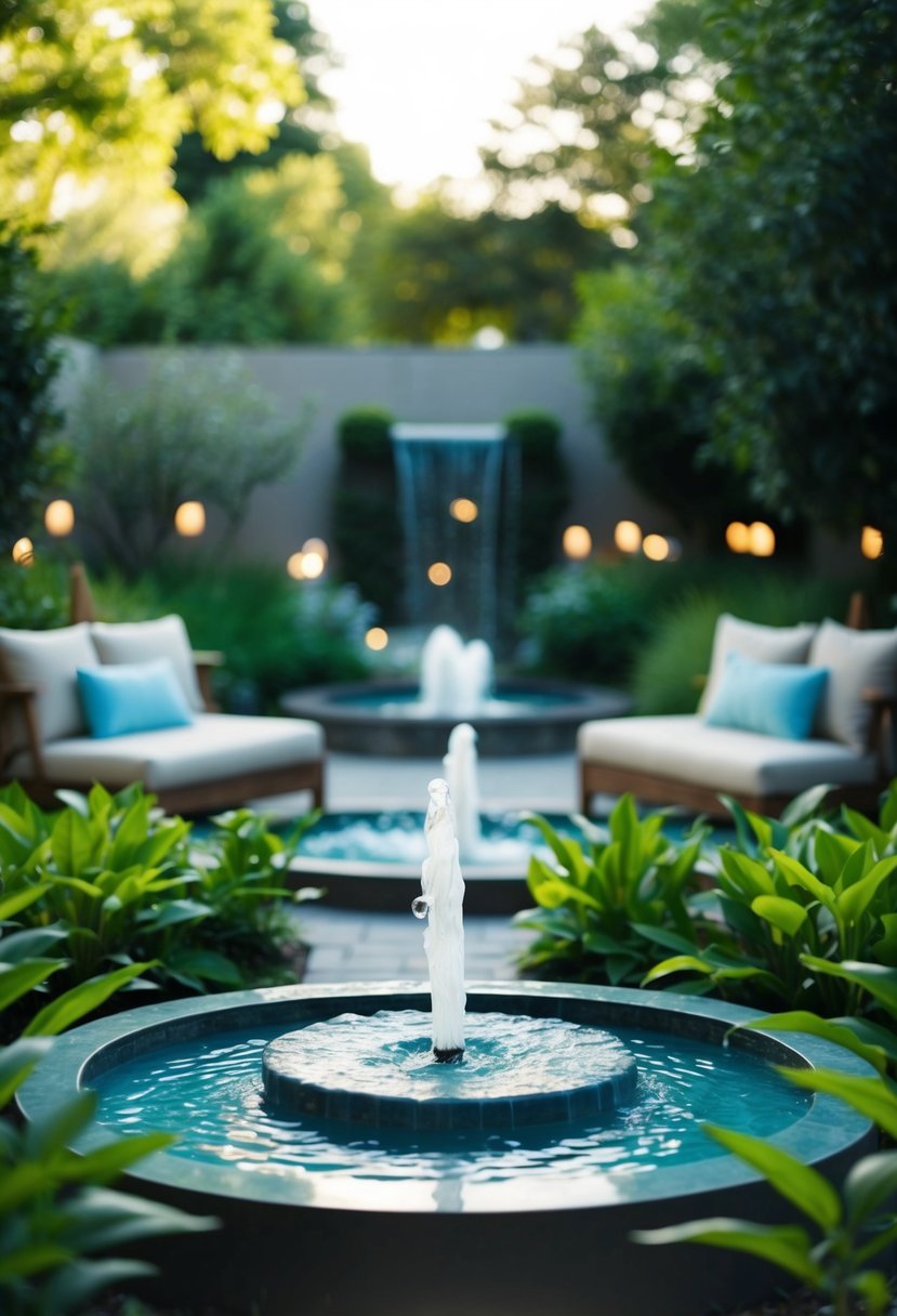 A serene garden with soft lighting, a bubbling fountain, and a comfortable seating area for meditation and deep breathing exercises