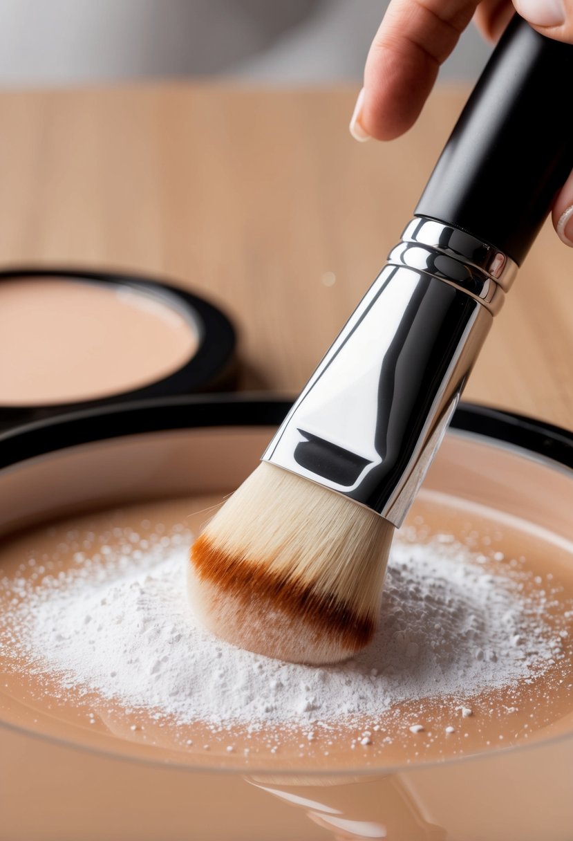 A makeup brush dusts setting powder onto a T-zone