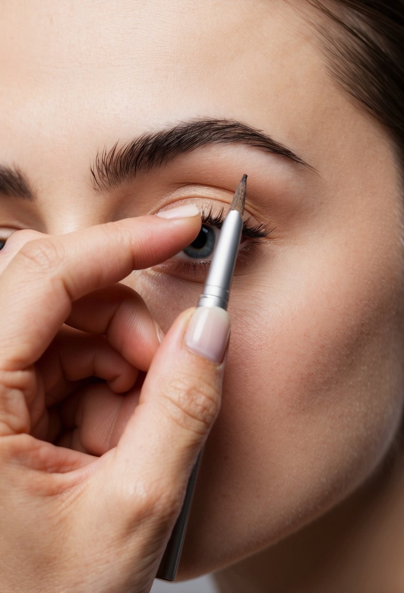 A hand holding a pencil gently shaping a pair of eyebrows