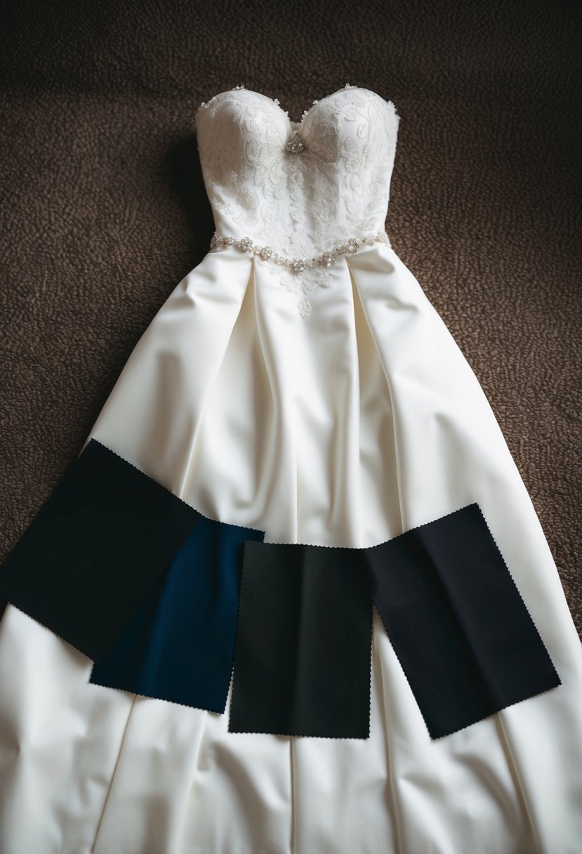 A bride’s dress laid out with a selection of dark fabric swatches for consideration