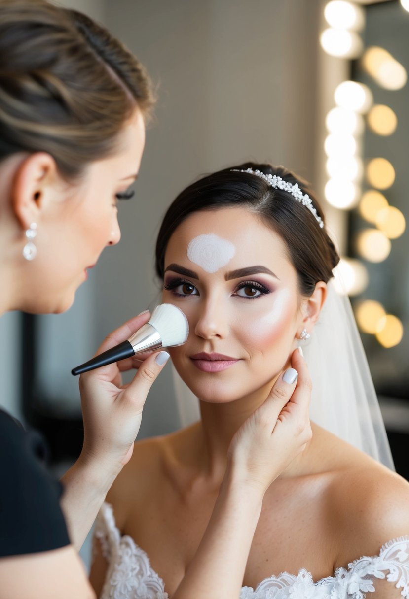 A makeup artist applying translucent powder to a model's face to reduce shine before a wedding