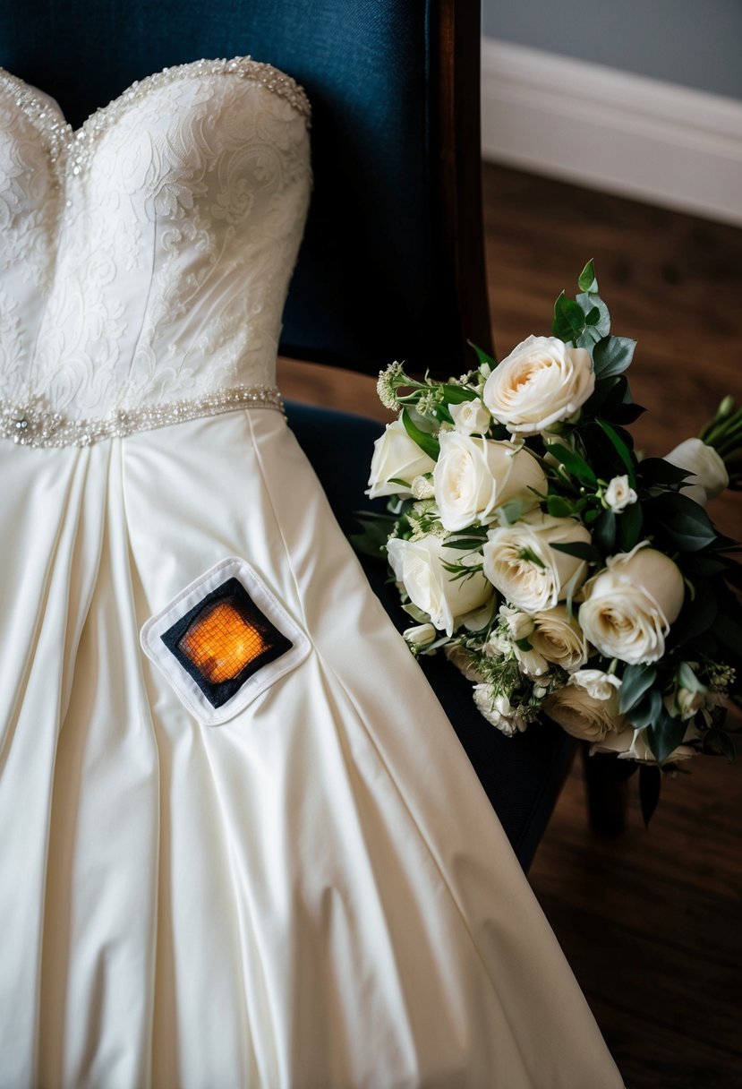 A bride’s dress lies on a chair, with a heating patch tucked into the pocket. A bouquet of flowers sits nearby