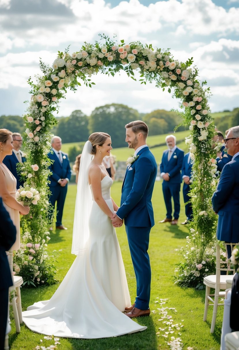 A bride and groom stand facing each other under a floral arch, surrounded by guests and a picturesque setting