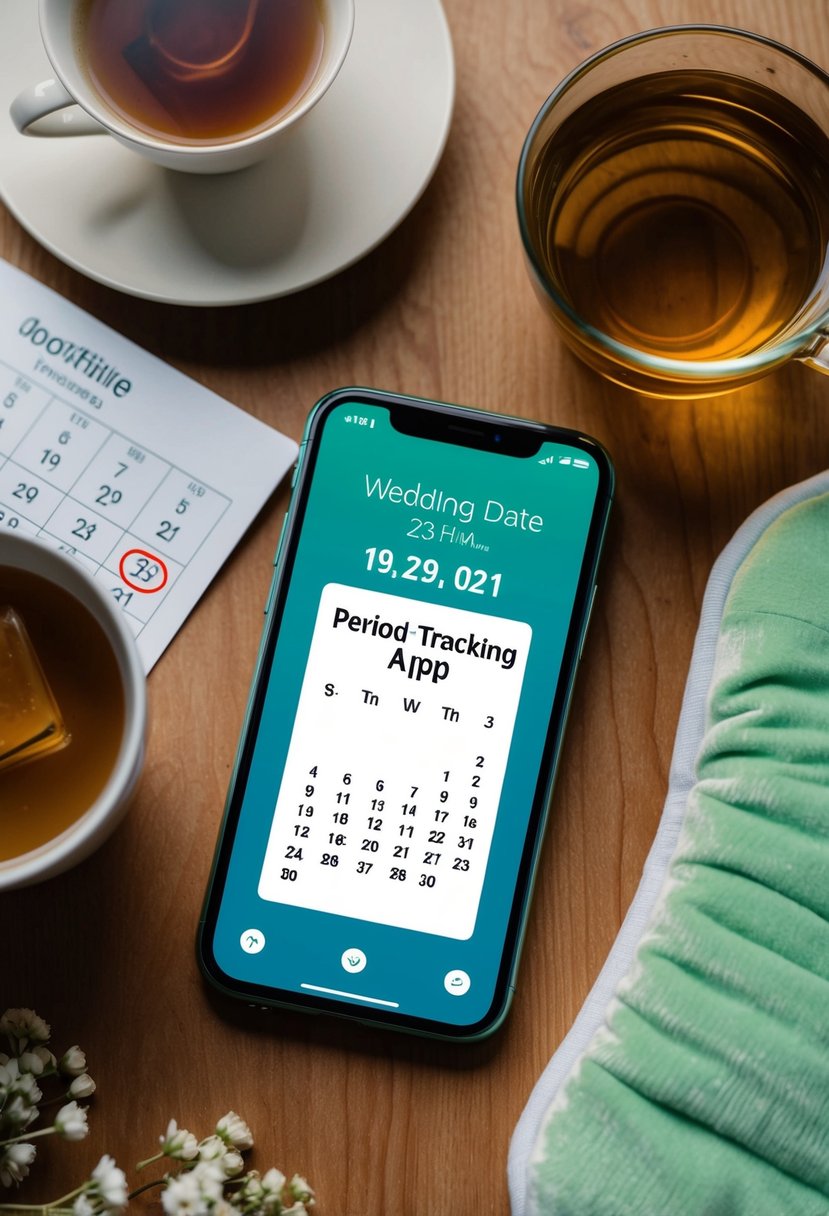 A smartphone displaying a period-tracking app with a wedding date circled on a calendar, surrounded by soothing tea and a heating pad