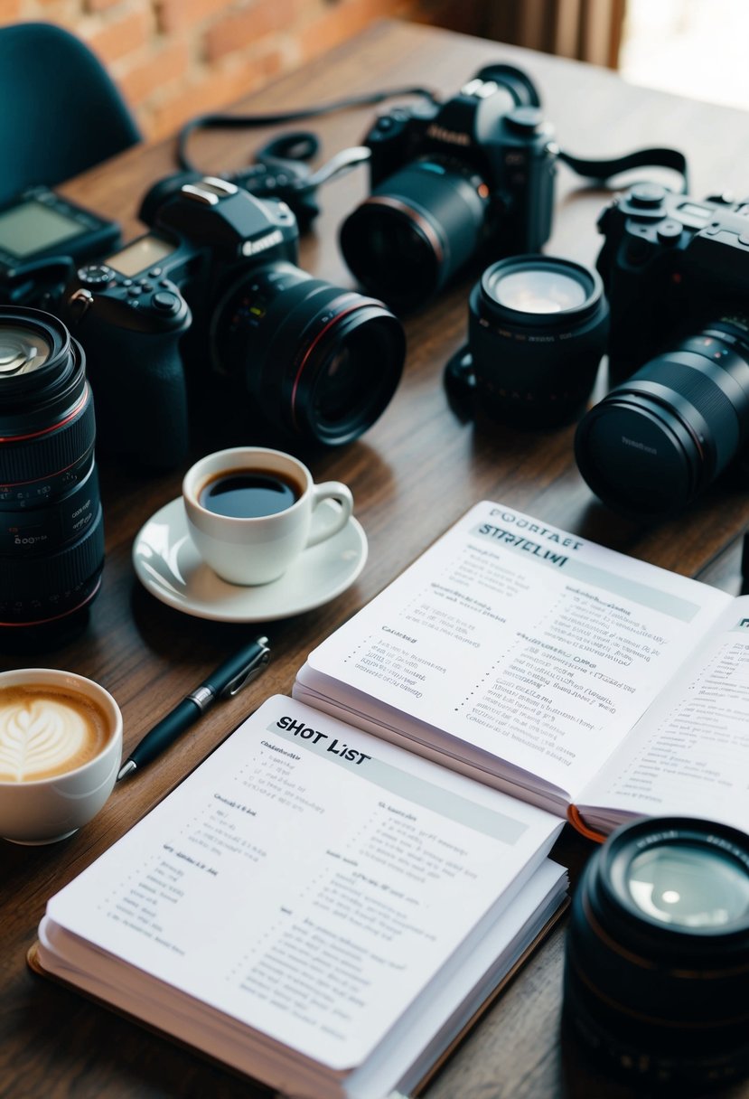 A table covered in wedding photography equipment, with a notebook open to a page filled with a detailed shot list, surrounded by a pen and a cup of coffee