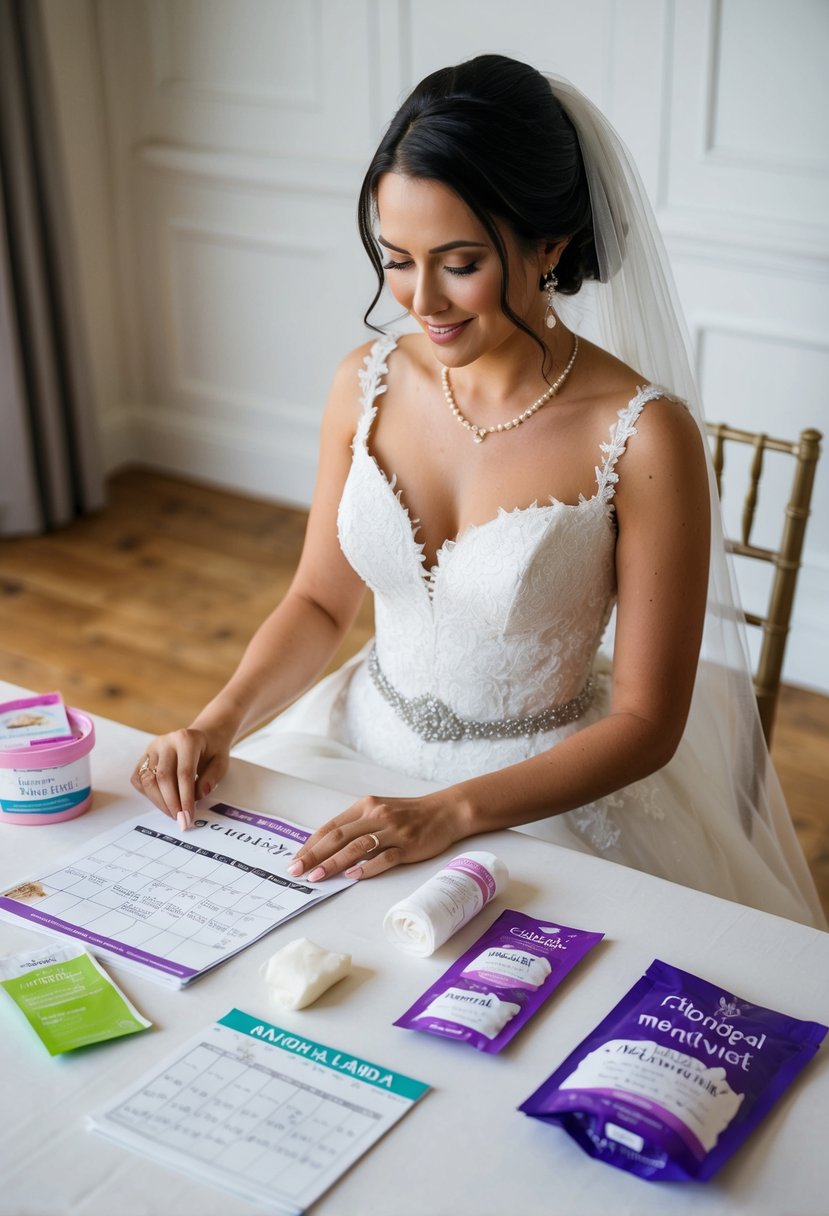 A woman in a white wedding gown sits at a table, surrounded by various menstrual products and a calendar. She is researching methods to safely delay her period for her upcoming wedding day