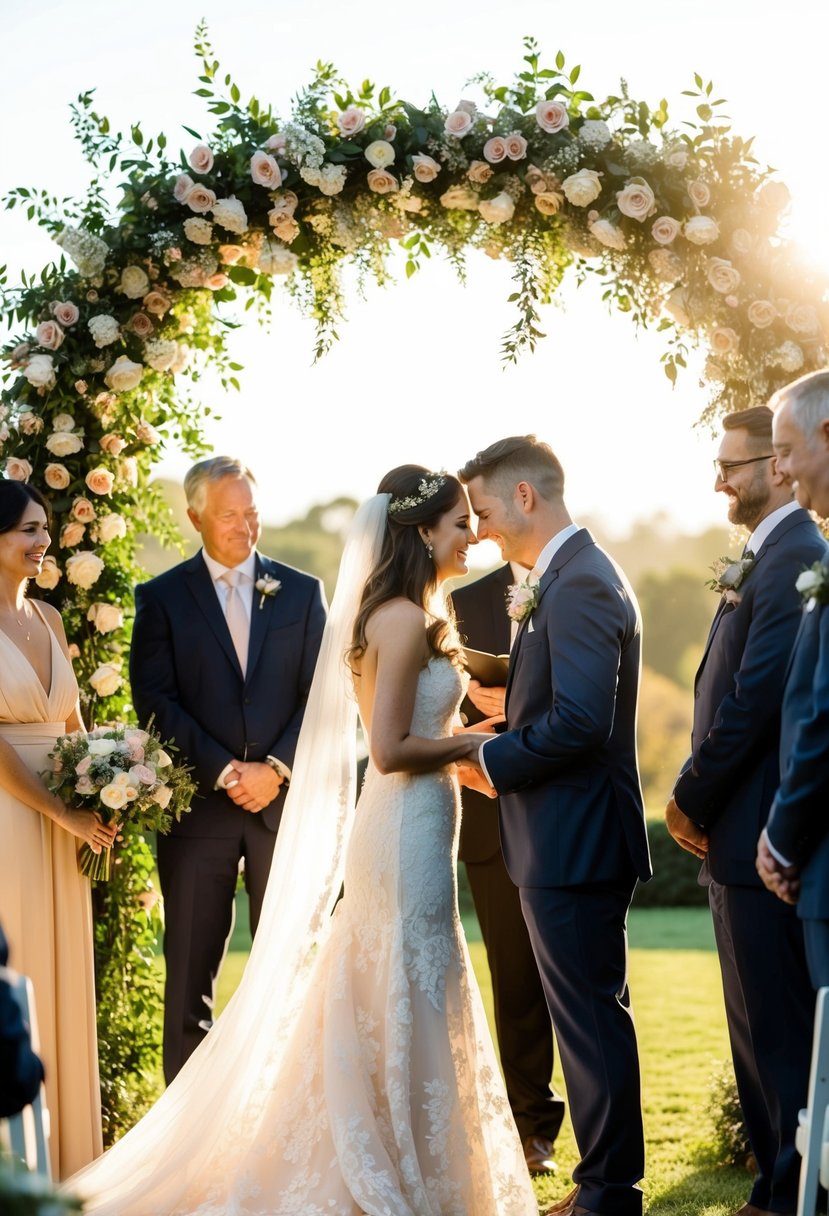 A couple exchanges vows under a floral arch, surrounded by friends and family. A warm, golden light bathes the scene, capturing the intimate moment