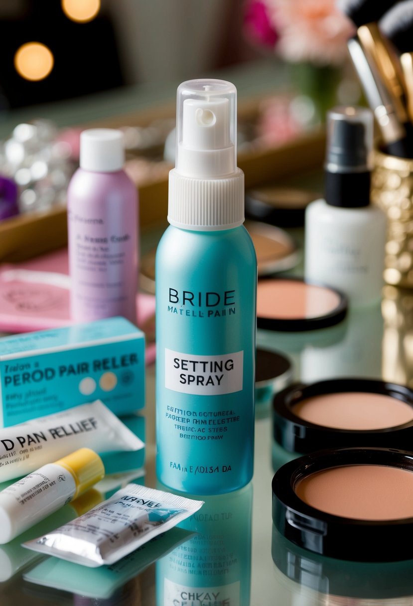 A bride's makeup setting spray sits next to period pain relief, on a vanity amidst scattered beauty products