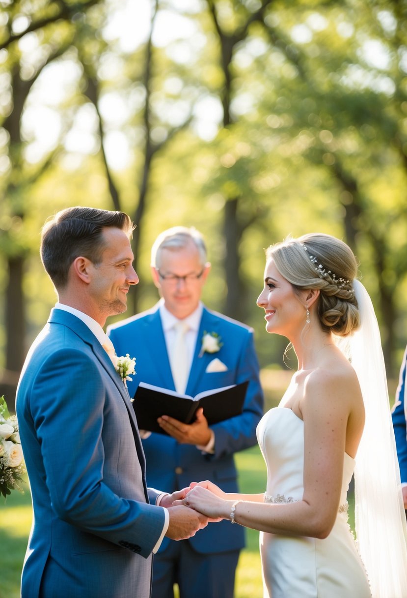 A serene outdoor wedding ceremony with soft natural light filtering through the trees, illuminating the bride and groom as they exchange vows