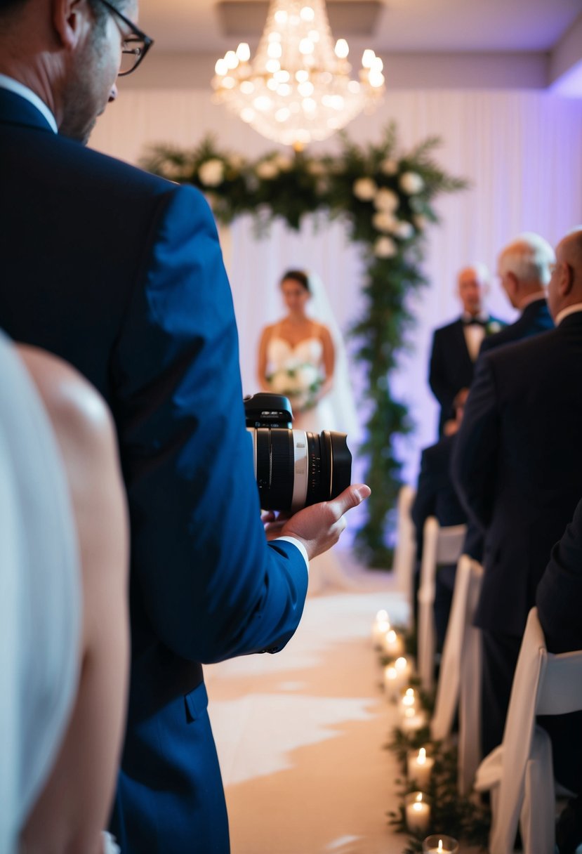 A dimly lit wedding ceremony with a photographer using a fast lens to capture the intimate moments