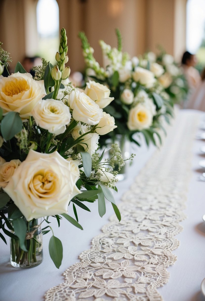 A close-up of elegant floral centerpieces and intricate lace table runners at a wedding ceremony