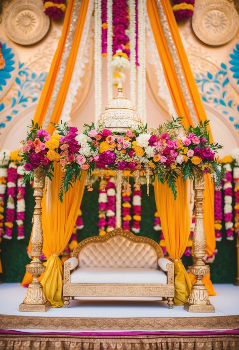 An ornate mandap with vibrant floral decor, gold accents, and intricate drapery set against a backdrop of traditional Indian motifs