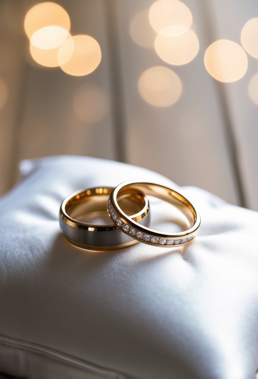 A close-up of interlocked wedding rings on a white satin pillow, with soft natural light and a blurred background