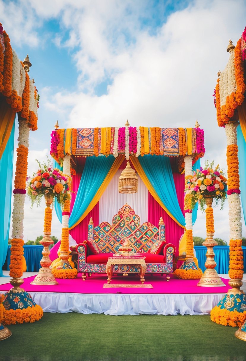 A vibrant and colorful Indian wedding mandap decorated with traditional patterns and motifs, adorned with vibrant floral arrangements and intricate drapery