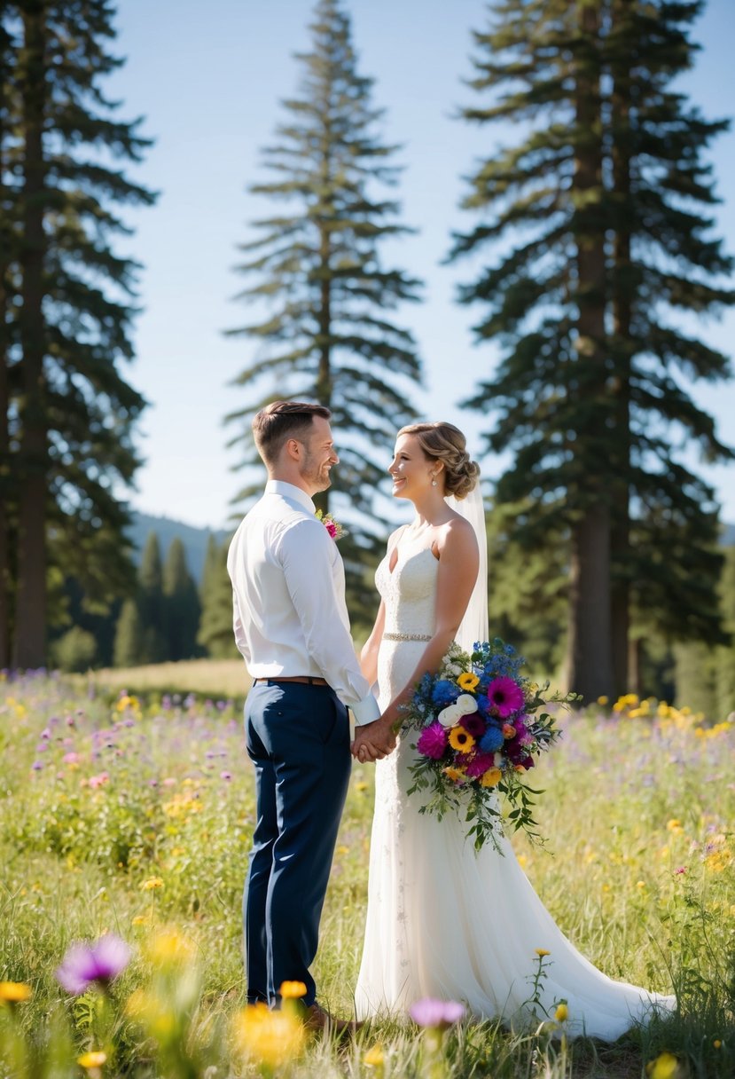 A couple stands facing each other in a sunlit clearing, surrounded by tall trees and wildflowers. The groom gazes lovingly at the bride, who holds a bouquet of vibrant flowers