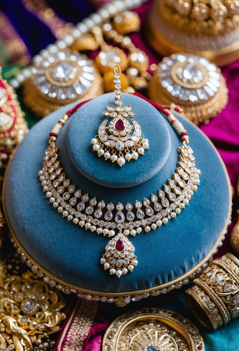 A modern maang tikka design displayed on a velvet cushion with intricate details and sparkling gemstones, surrounded by traditional Indian wedding accessories