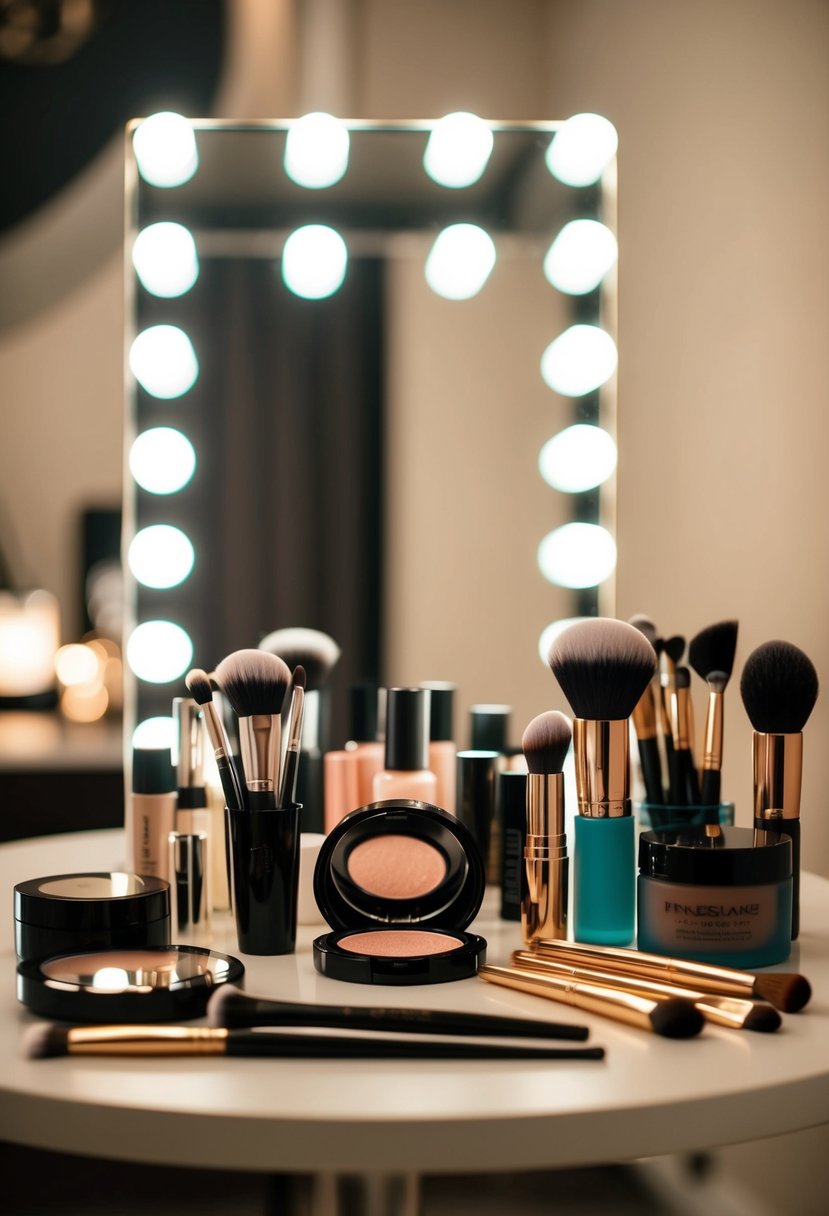 A table set with various makeup products and brushes, with a mirror and soft lighting