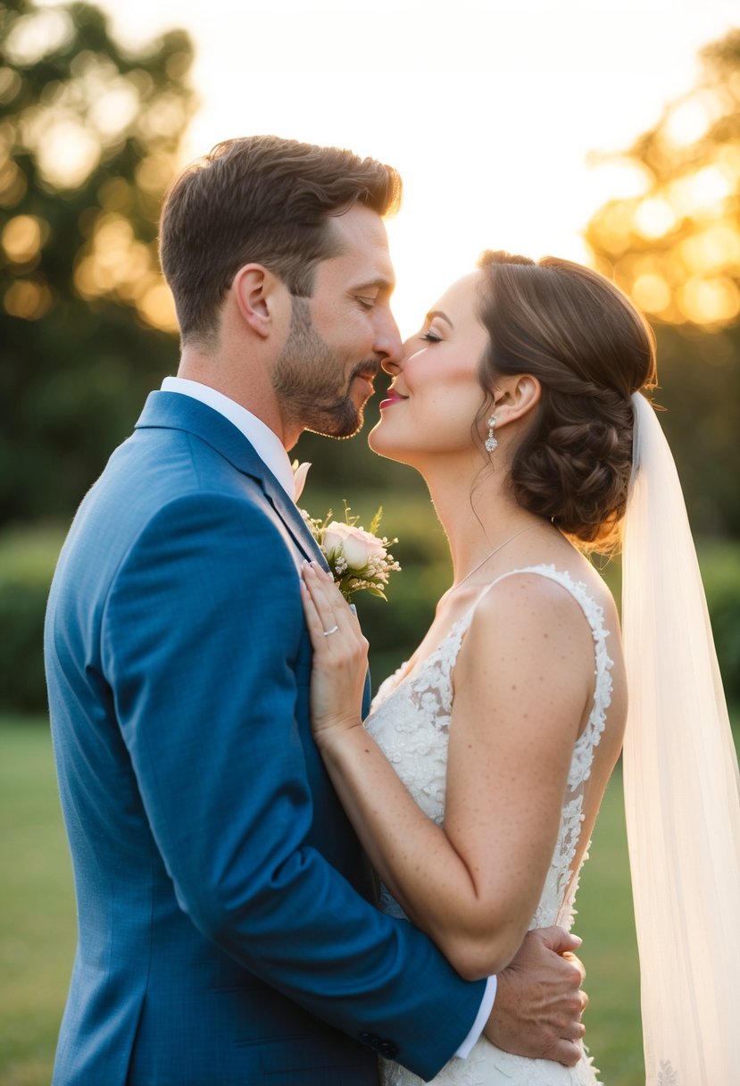 A couple standing close, eyes locked, about to share their first kiss as husband and wife. The soft glow of the setting sun illuminates the scene