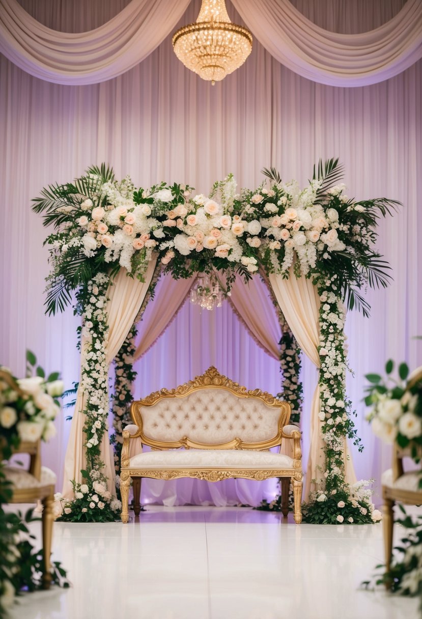 An ornate mandap with intricate floral arrangements, gold accents, and draped fabrics. A simple yet elegant backdrop for an Indian wedding