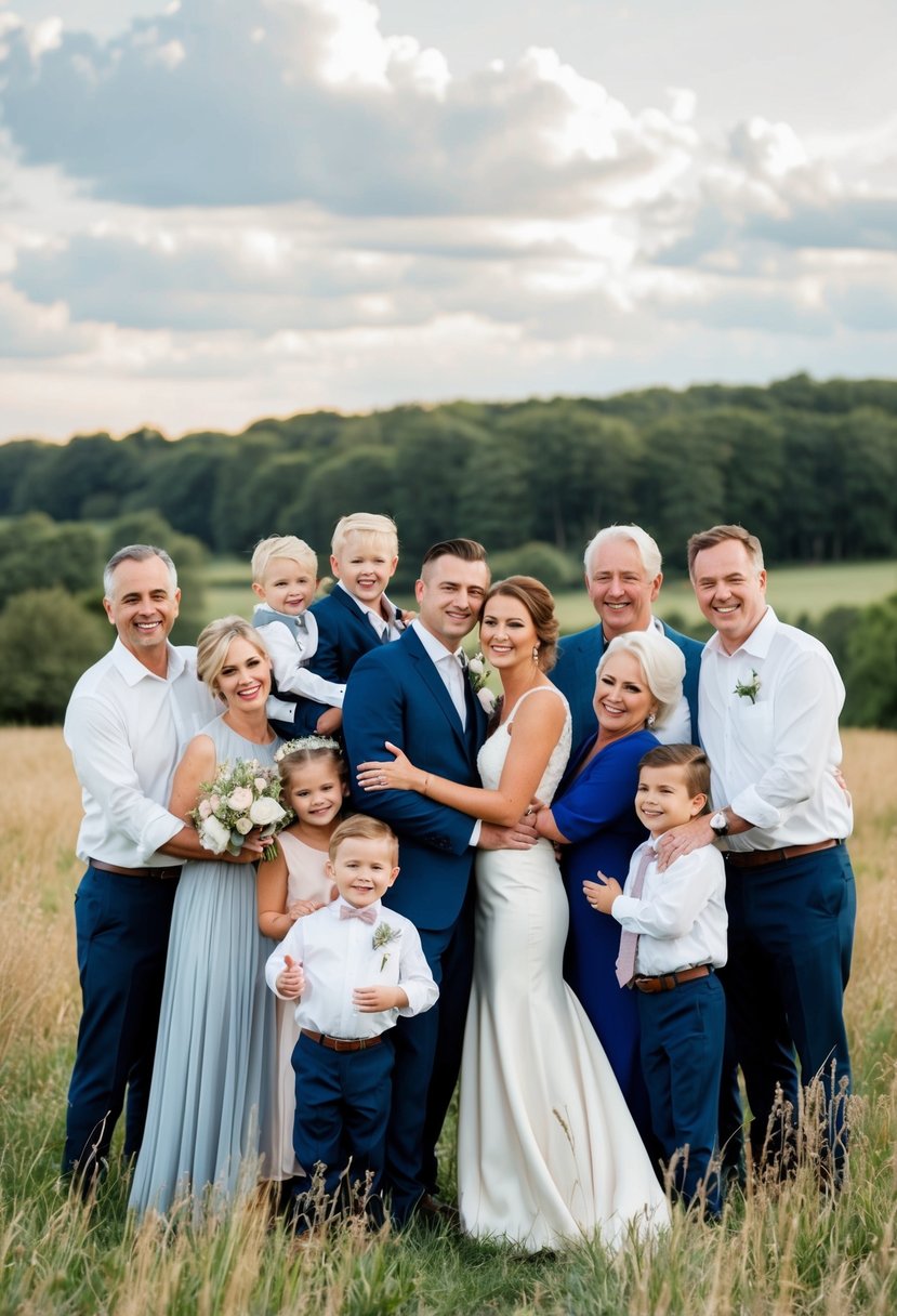 A newlywed couple stands in a field surrounded by their extended family, all smiling and embracing each other in celebration