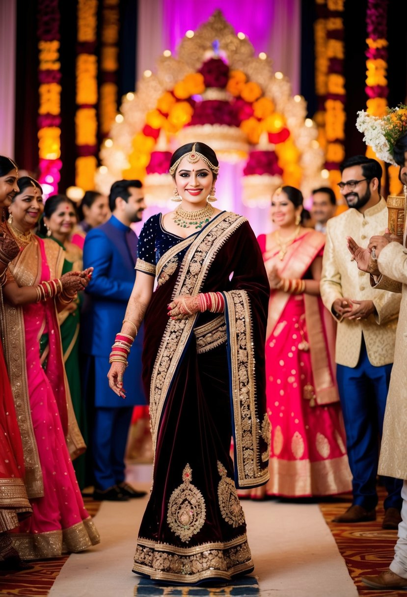 A bride in a rich velvet saree, adorned with intricate embroidery, stands amidst a grand Indian wedding celebration, surrounded by colorful decor and traditional music