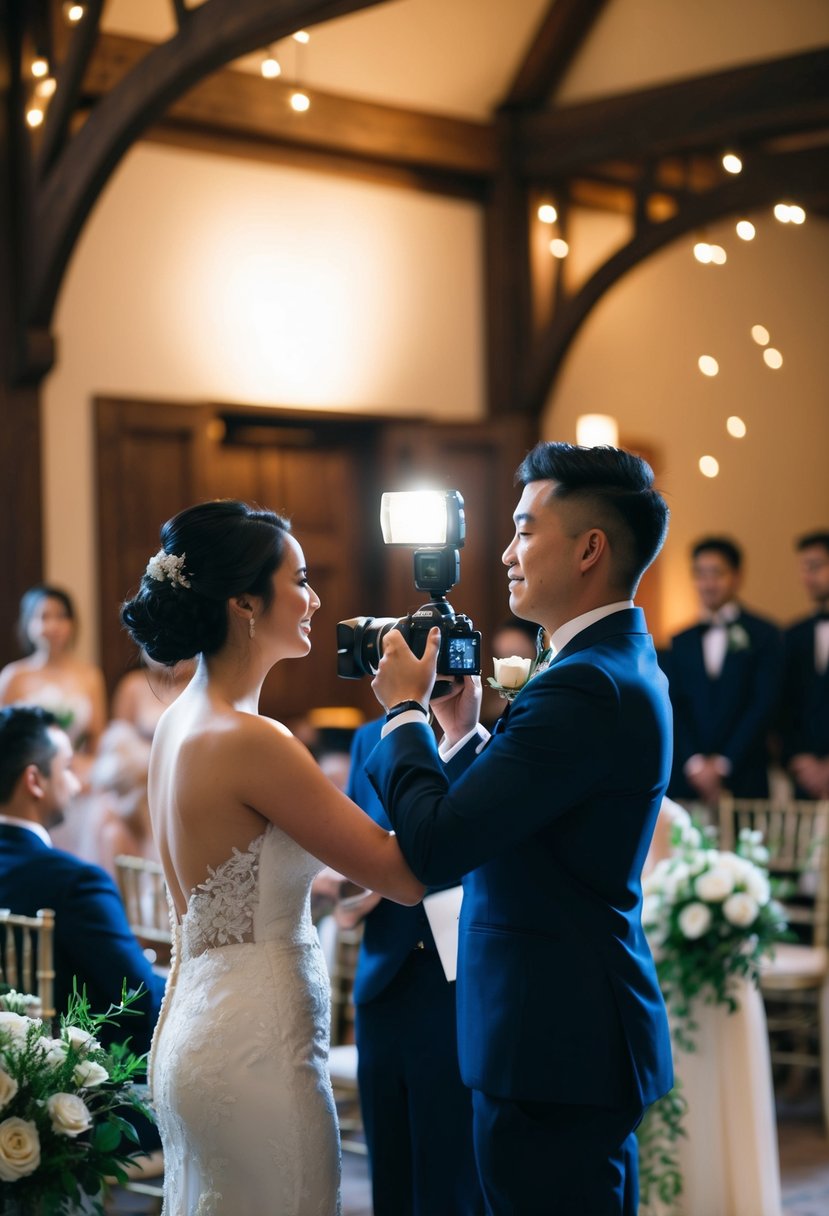 A dimly lit wedding ceremony venue with a photographer carefully using flash to capture the intimate moments without disrupting the ambiance