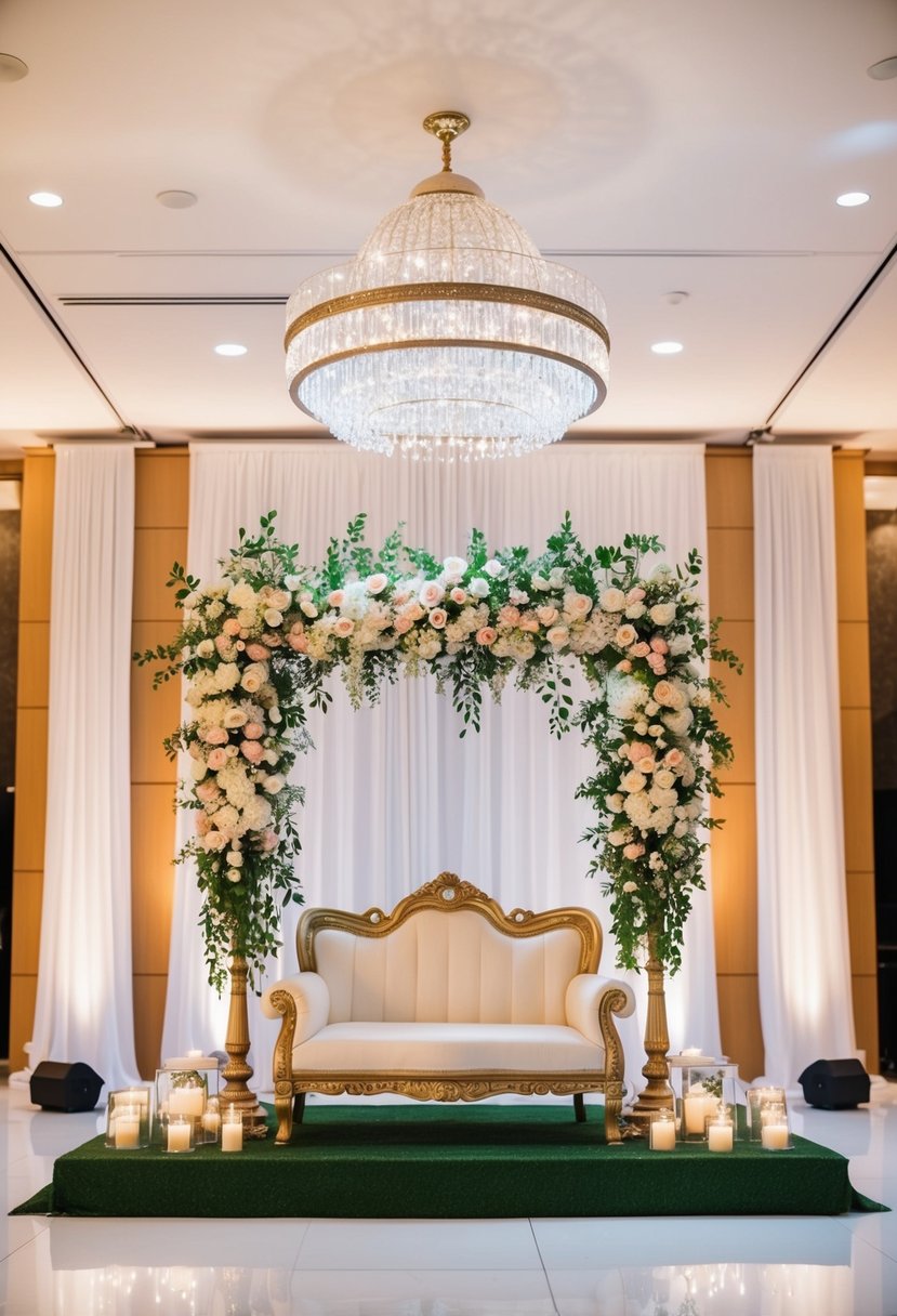 A traditional Indian wedding mandap adorned with modern floral arrangements and sleek, contemporary decor