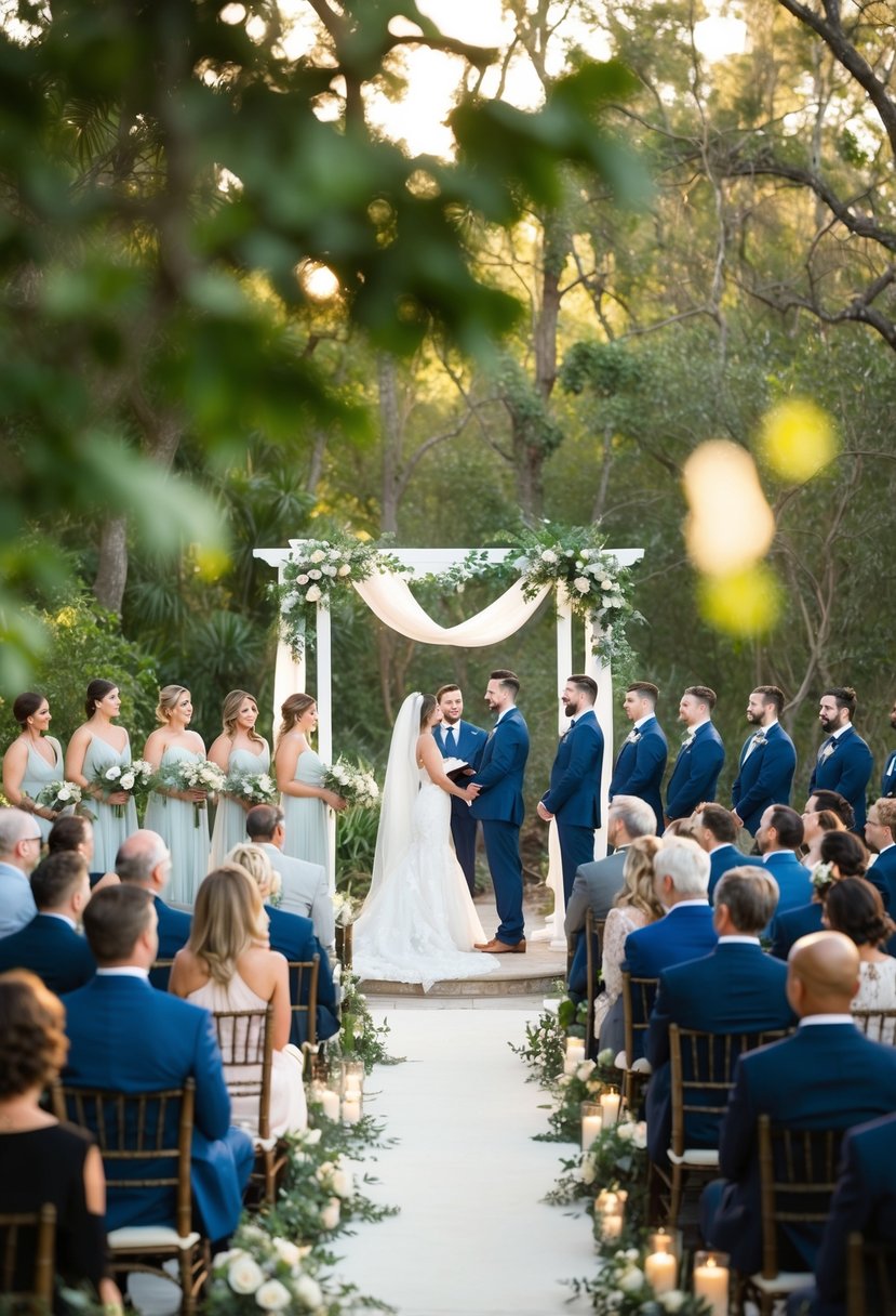 A serene outdoor setting with guests gathered around a beautifully decorated ceremony space, surrounded by nature and soft natural lighting