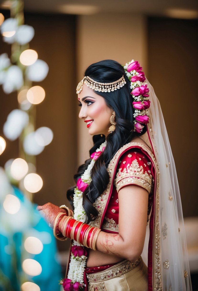 A bride with long, dark hair wears a traditional Indian wedding dress and adorns her hair with vibrant floral hairpieces