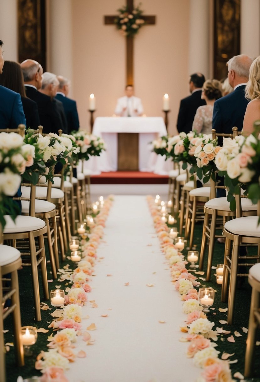 A flower-lined aisle leading to an altar with soft lighting and scattered petals