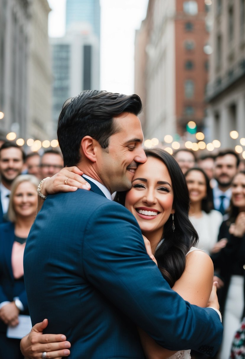 A couple embraces in front of a crowd, tears and smiles captured by the photographer