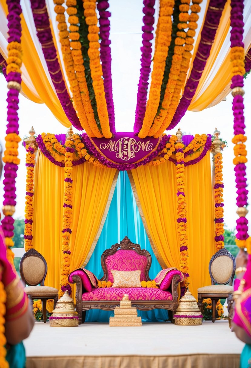 A vibrant mandap adorned with marigold garlands and personalized monogrammed elements. Rich, colorful fabrics and intricate henna designs add to the Indian wedding decor