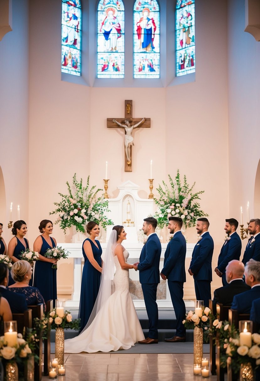 The altar is bathed in soft light, adorned with flowers and candles. The couple stands facing each other, surrounded by their loved ones, exchanging vows