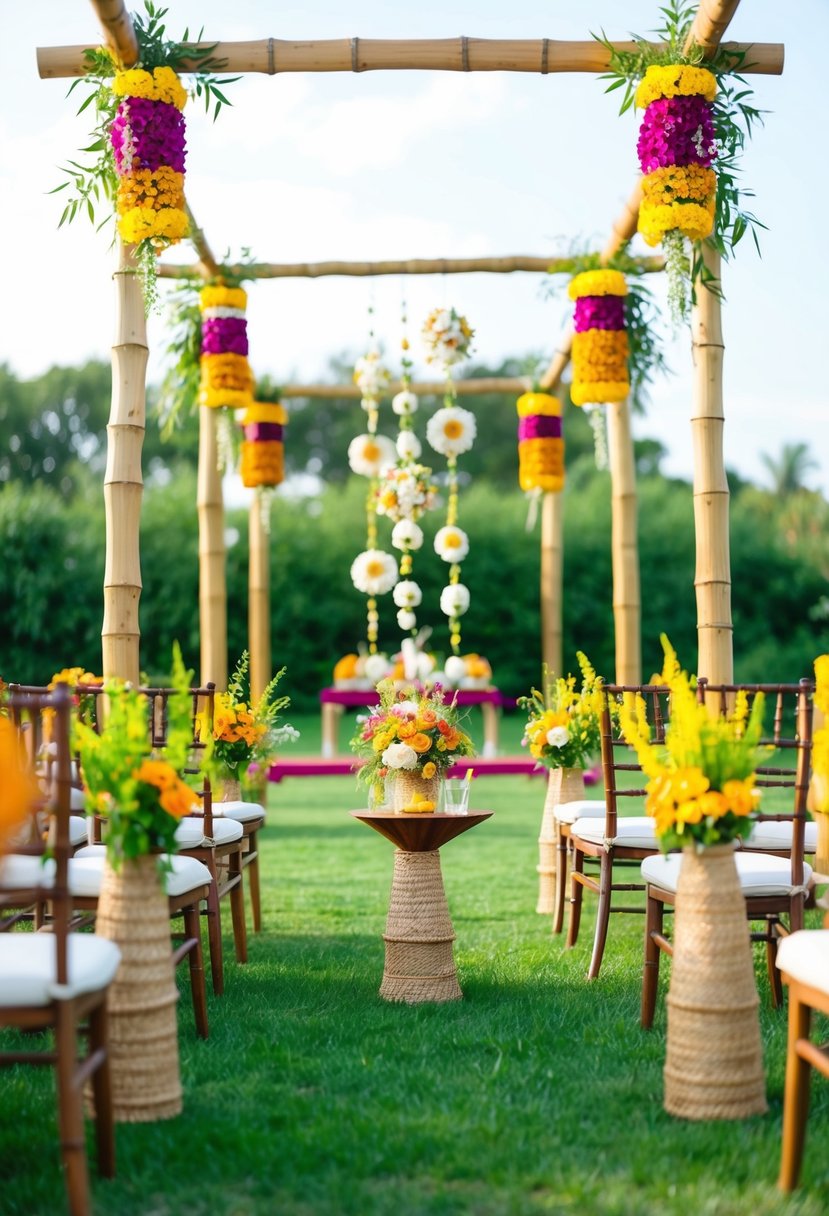 A vibrant outdoor Indian wedding with eco-friendly decorations, biodegradable flowers, and sustainable bamboo and jute elements