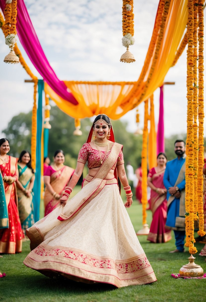 A bride twirls in a lightweight lehenga, surrounded by colorful fabrics and traditional Indian wedding decorations