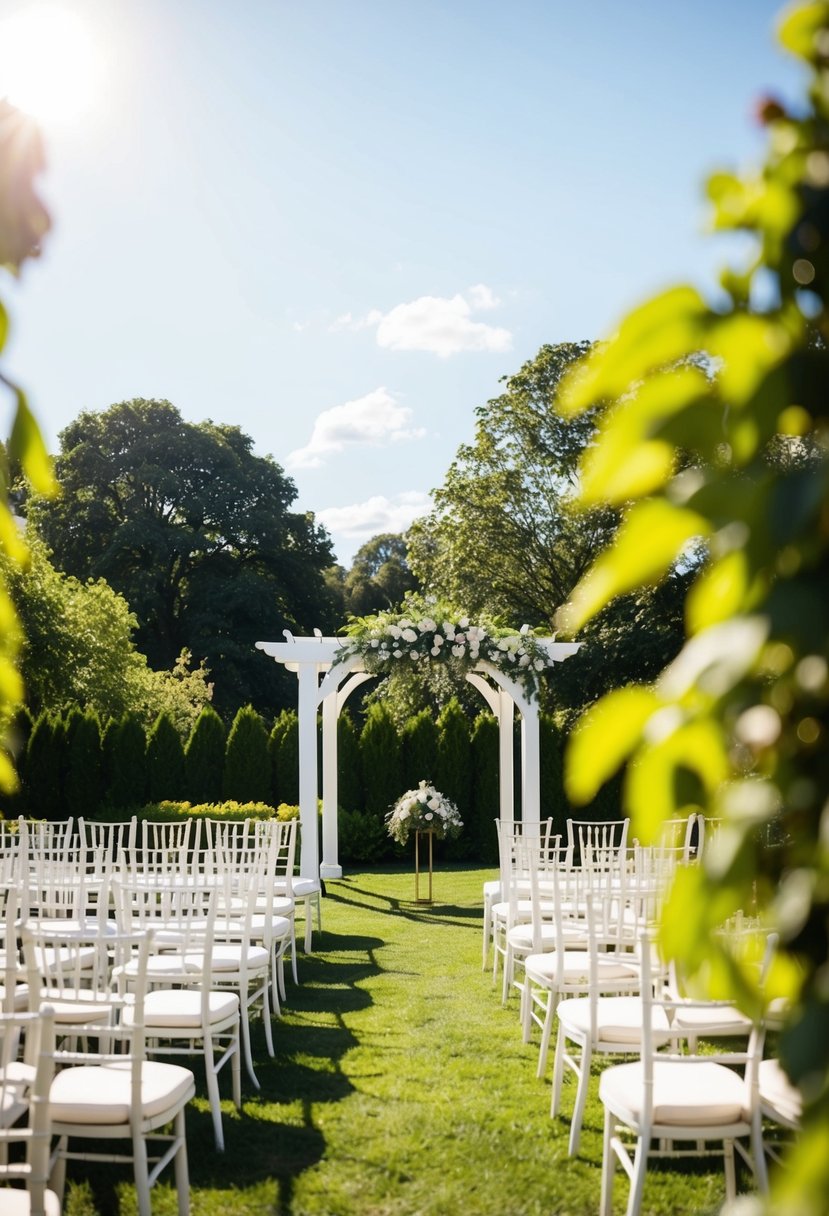 A picturesque outdoor venue with a beautiful arbor and rows of chairs set up for a wedding ceremony. The sun is shining, and the scene is peaceful and serene