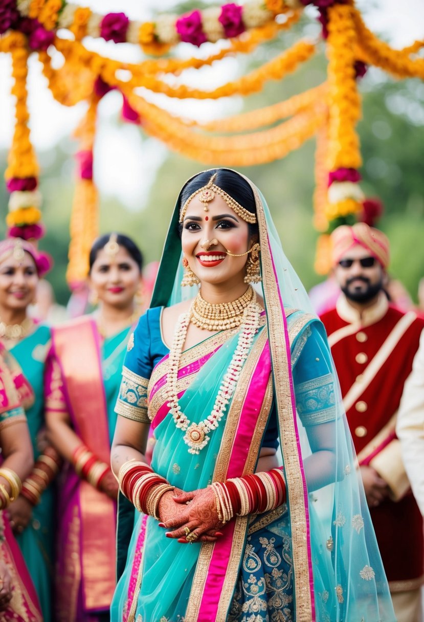 A vibrant Indian wedding scene with traditional bridal fashion and styling elements, showcasing regional trends and cultural details