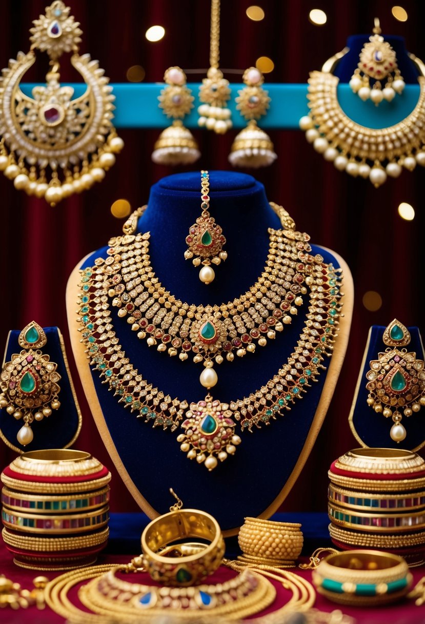 A colorful array of intricate Indian jewelry displayed on a velvet backdrop, including ornate necklaces, earrings, and bangles