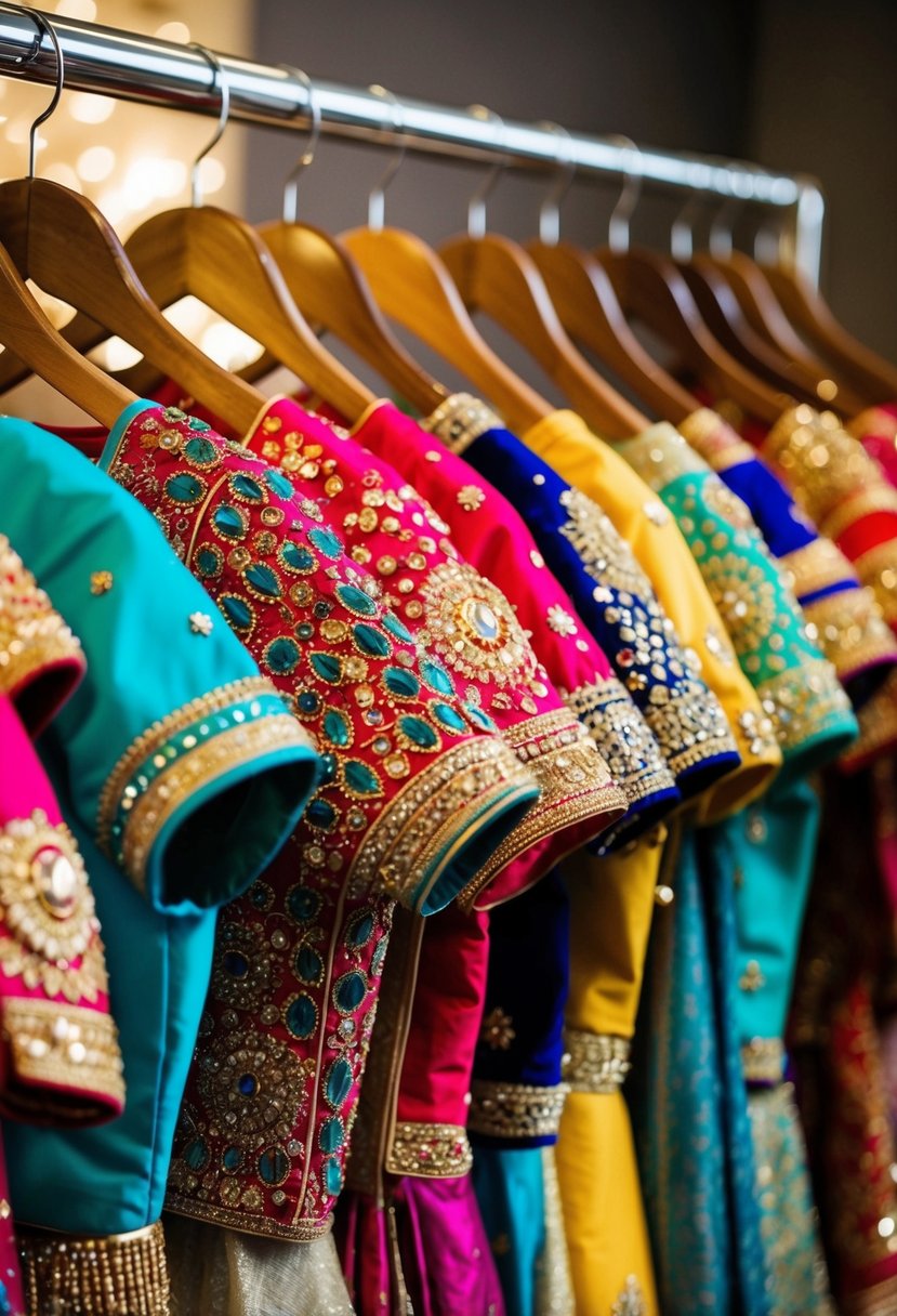 A collection of colorful and intricately designed blouses displayed on hangers, with various patterns and embellishments, suitable for Indian wedding styling