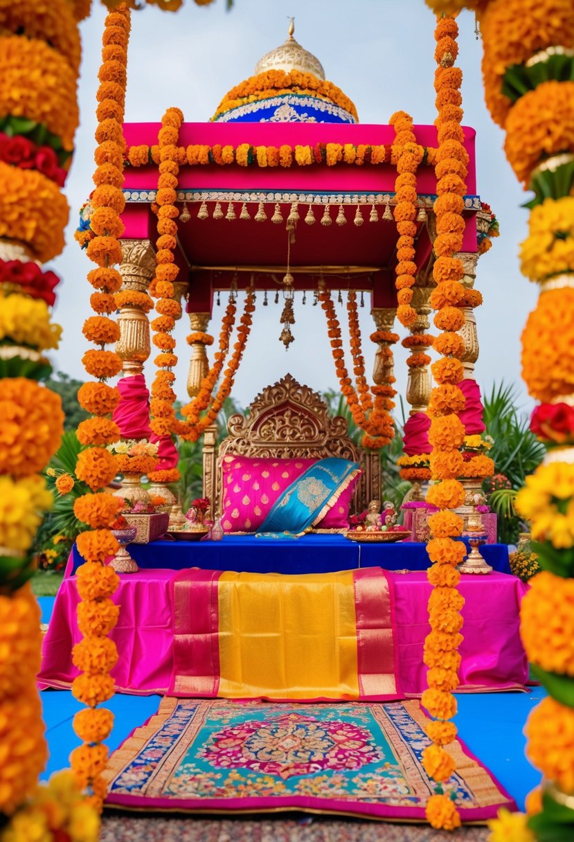 A colorful mandap adorned with marigold garlands and intricate henna designs, surrounded by vibrant textiles and ornate decor