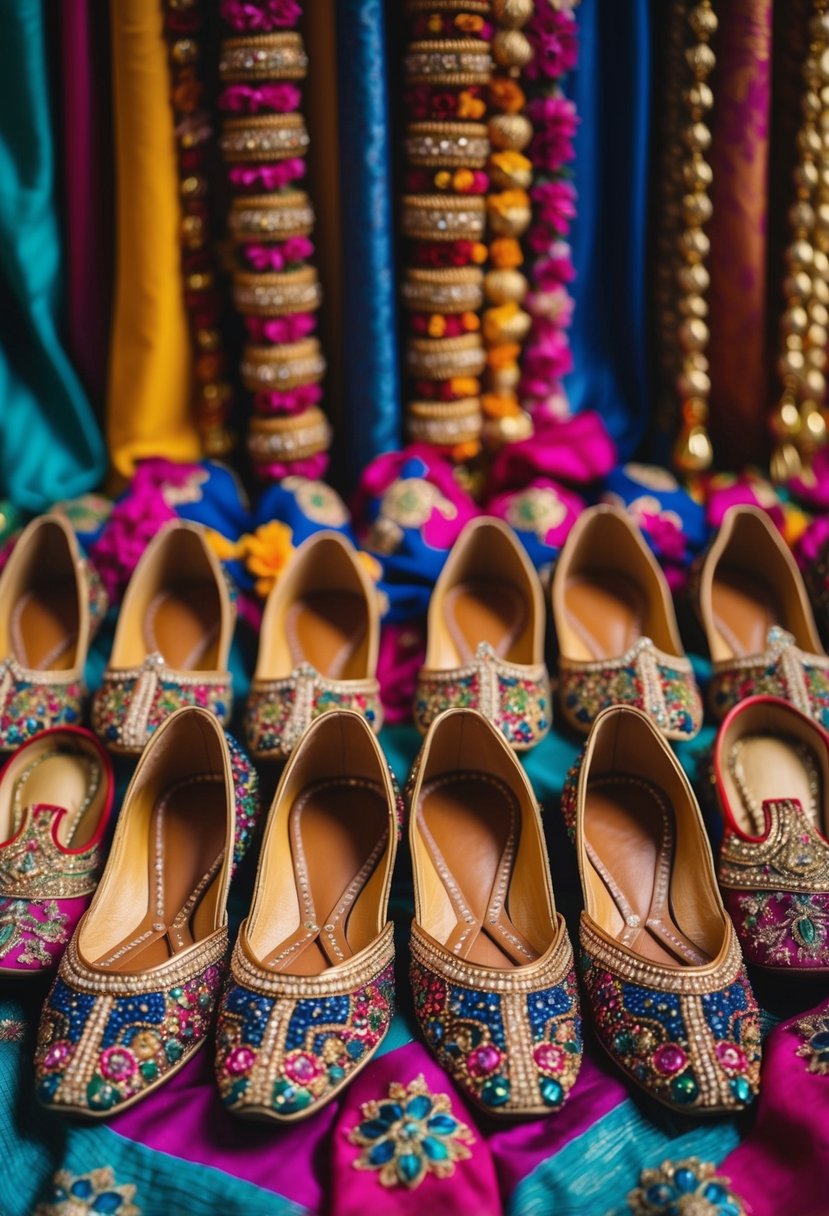 A colorful array of ornate Indian footwear arranged in a decorative pattern, with intricate beading and embroidery, set against a backdrop of richly hued fabrics and floral motifs