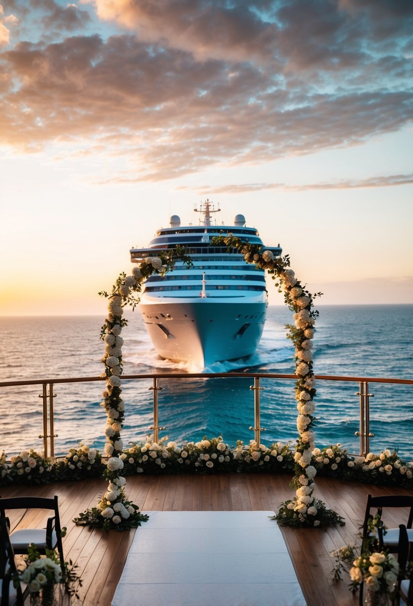 A cruise ship sailing at sunset with a wedding arch set up on the deck, surrounded by flowers and with the ocean in the background