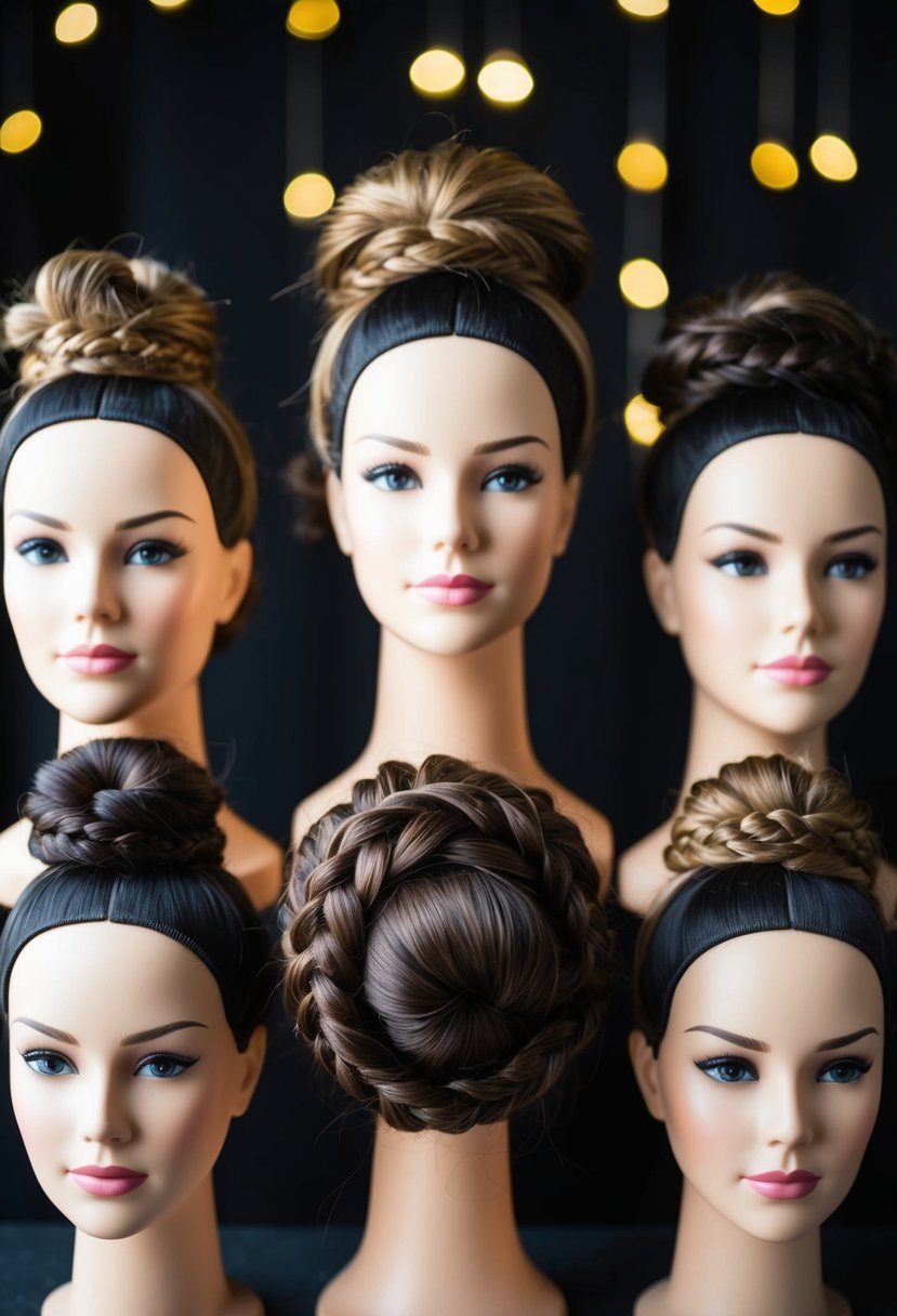 A group of mannequin heads showcasing various intricate braided bun hairstyles, inspired by Indian wedding styling tips