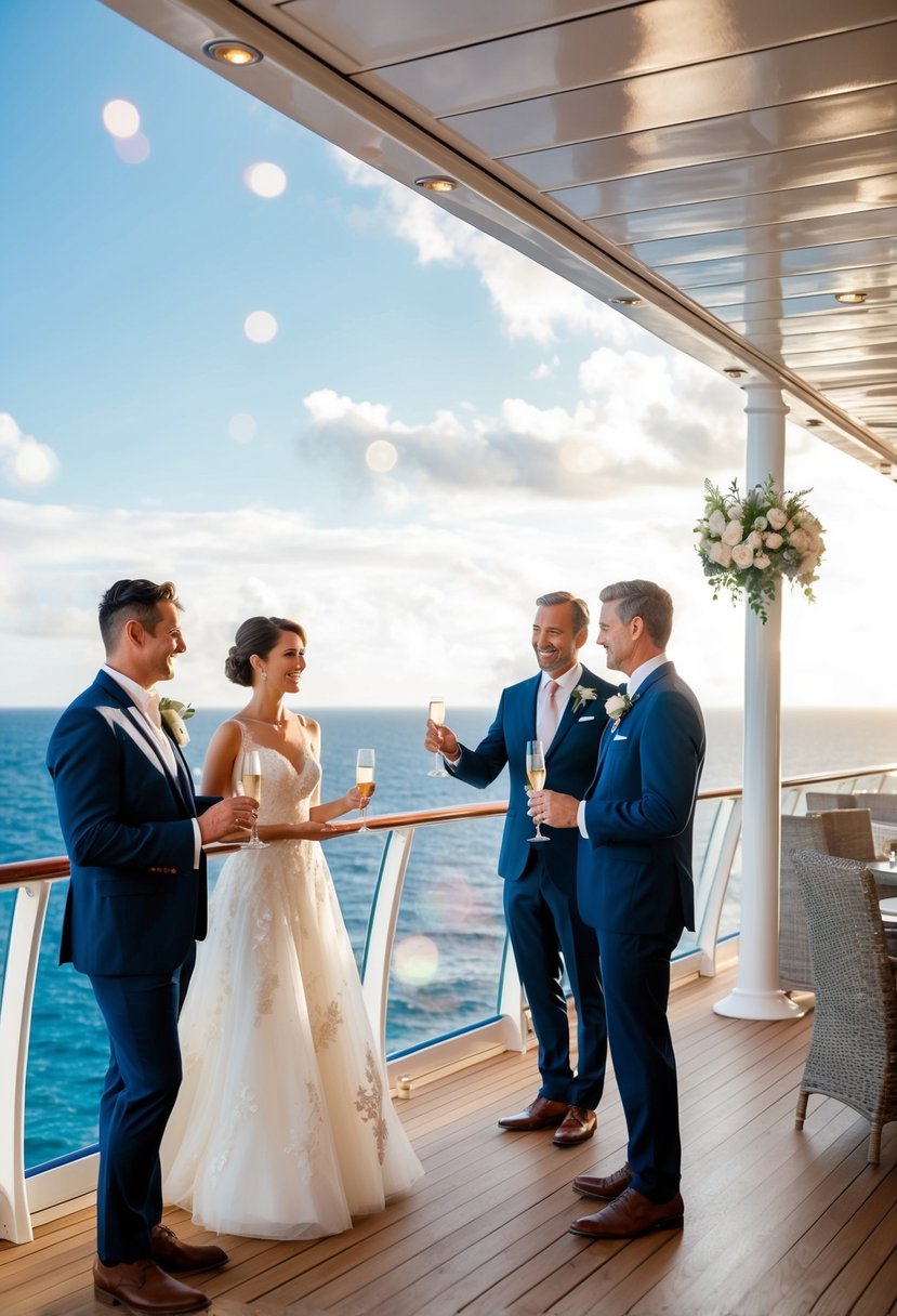 A couple stands on a luxurious cruise ship deck, surrounded by sparkling ocean views and elegant decor. They are being served champagne as they discuss wedding plans with a cruise line representative