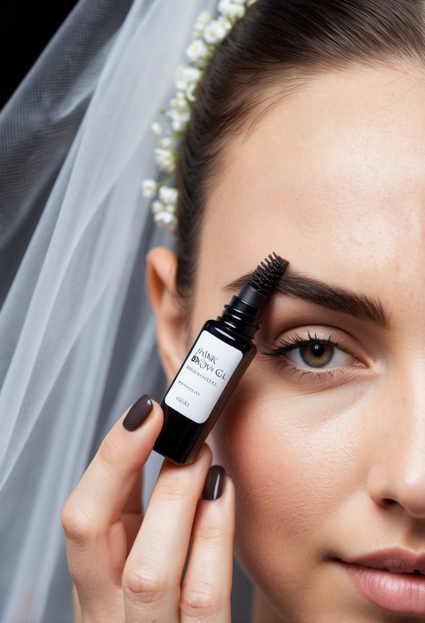 A hand applying brow gel to a perfectly shaped brow, with a wedding veil in the background