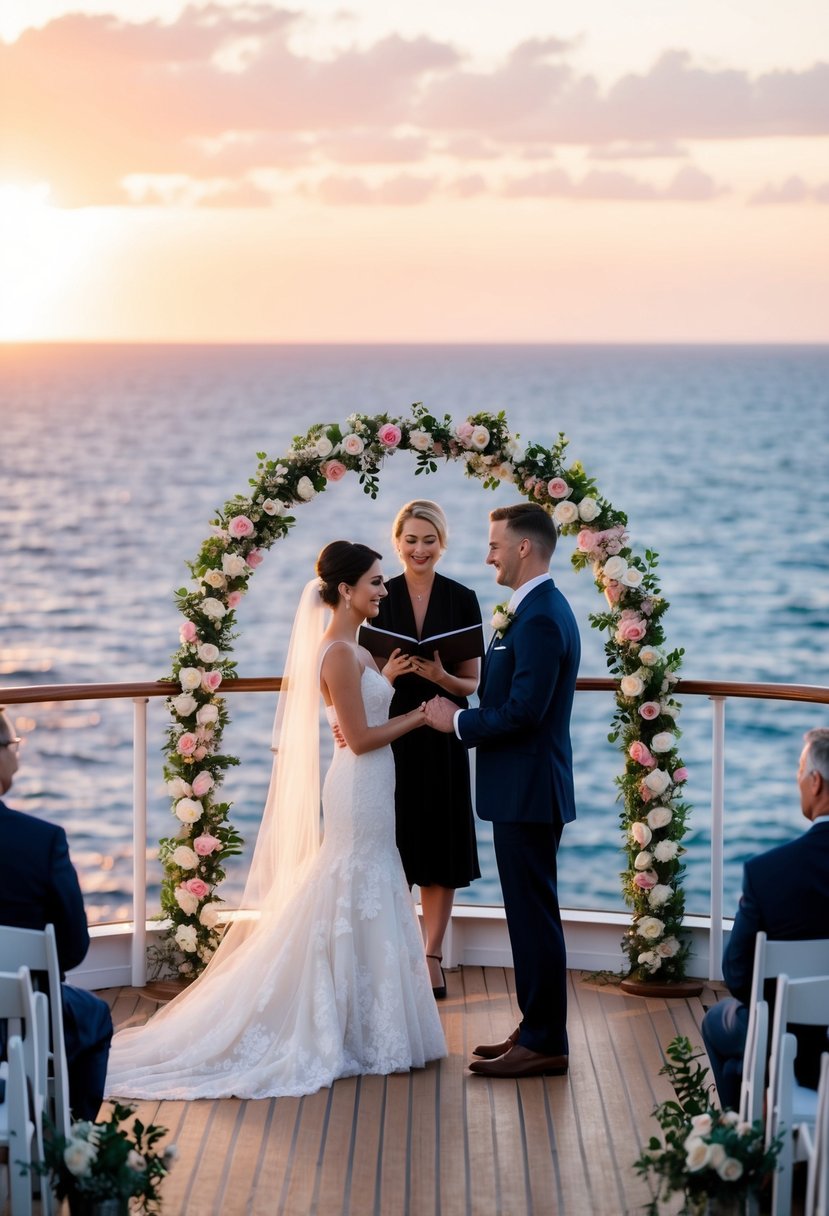 A couple stands on the deck of a cruise ship, exchanging vows under a floral arch with the ocean stretching out behind them. The sun sets in the background, casting a warm glow over the scene