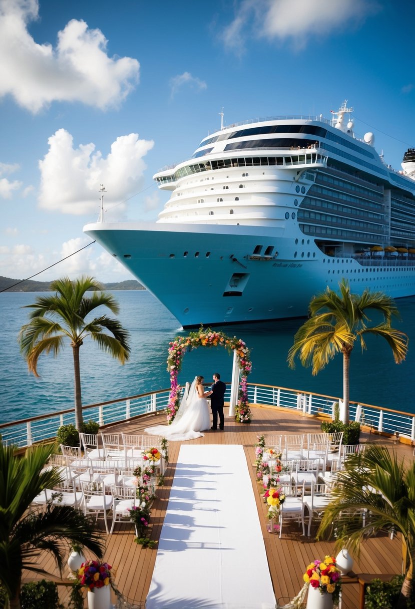 A cruise ship docked at a tropical port, with a wedding ceremony set up on the deck overlooking the ocean. Palm trees and colorful flowers decorate the scene