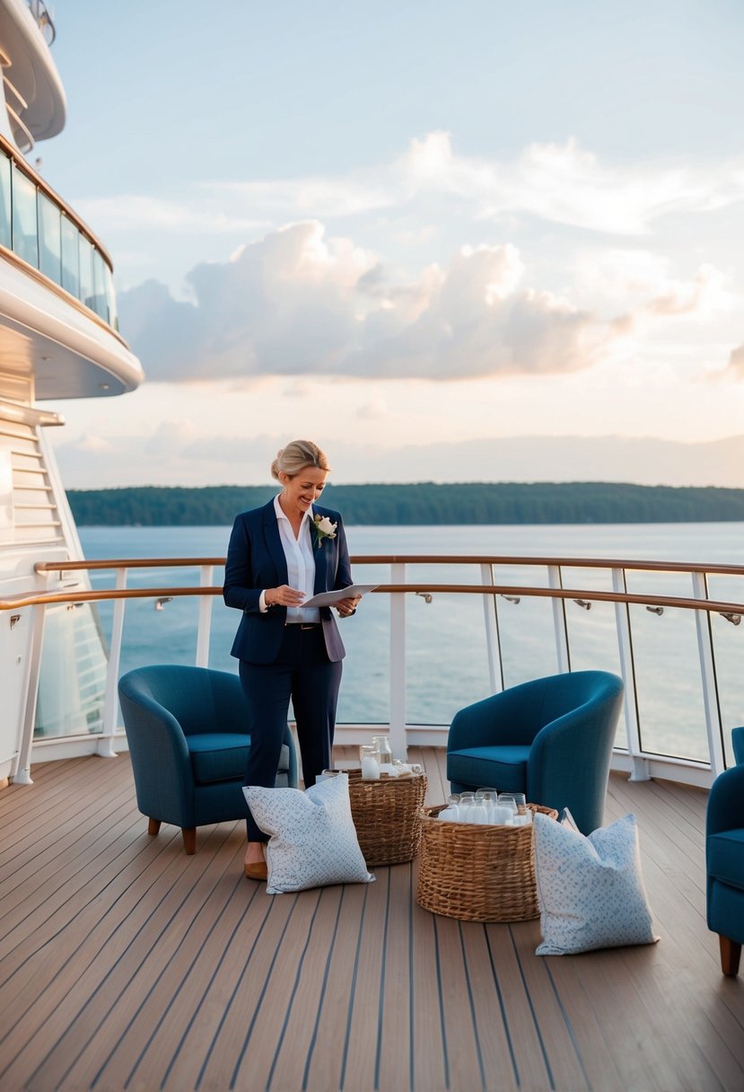 A serene cruise ship deck with a wedding coordinator organizing details and tips for a seamless cruise wedding