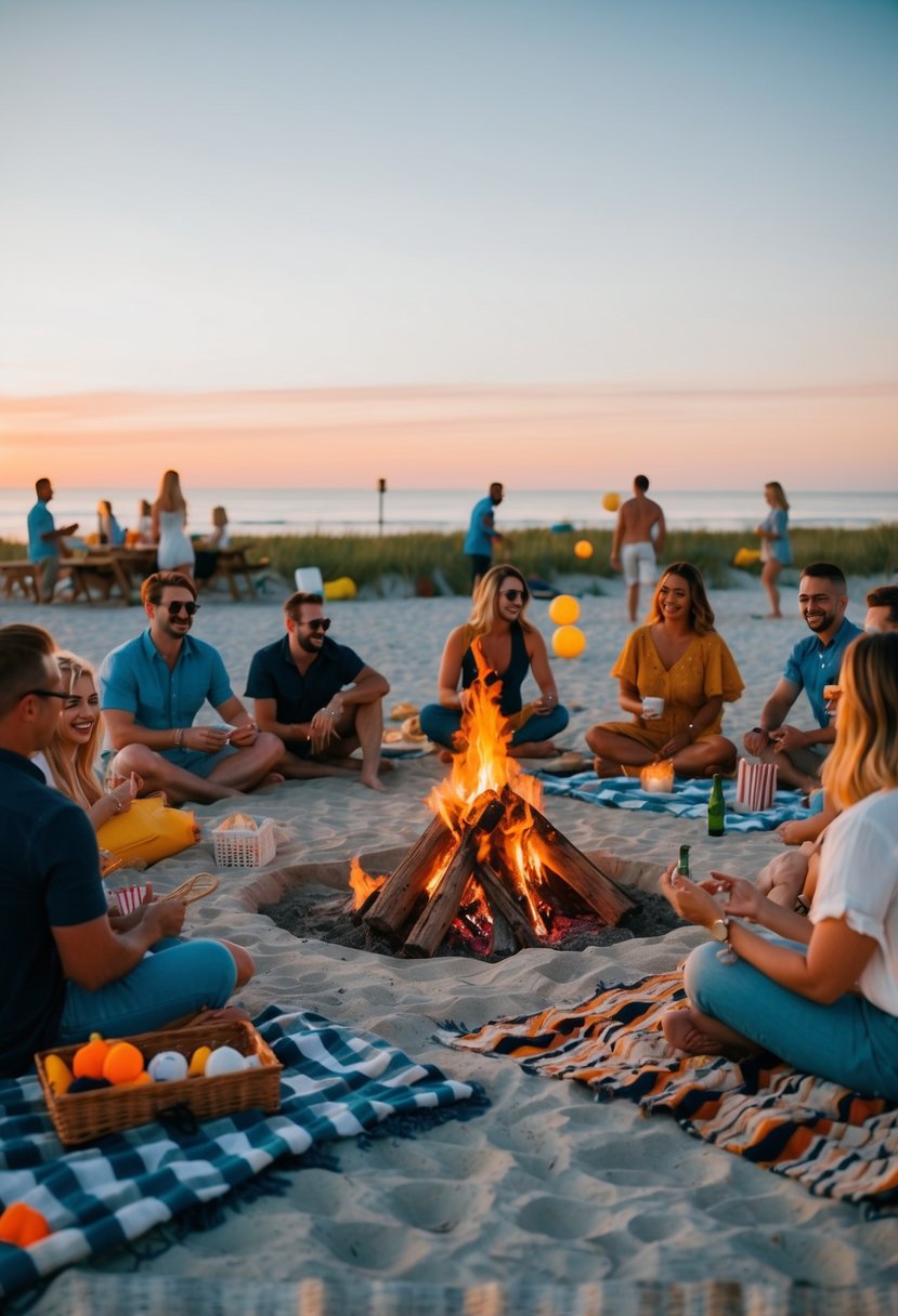 A group of guests gather on a beach, setting up a bonfire and laying out blankets for a sunset picnic. Some guests play beach games while others relax and chat